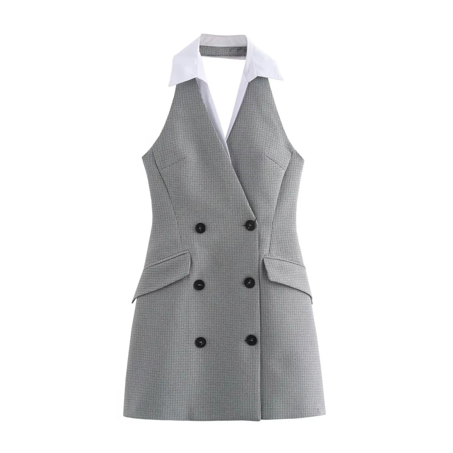 Grey Sleeveless Mini Dress with Turn-Down Collar and Double-Breasted Detail