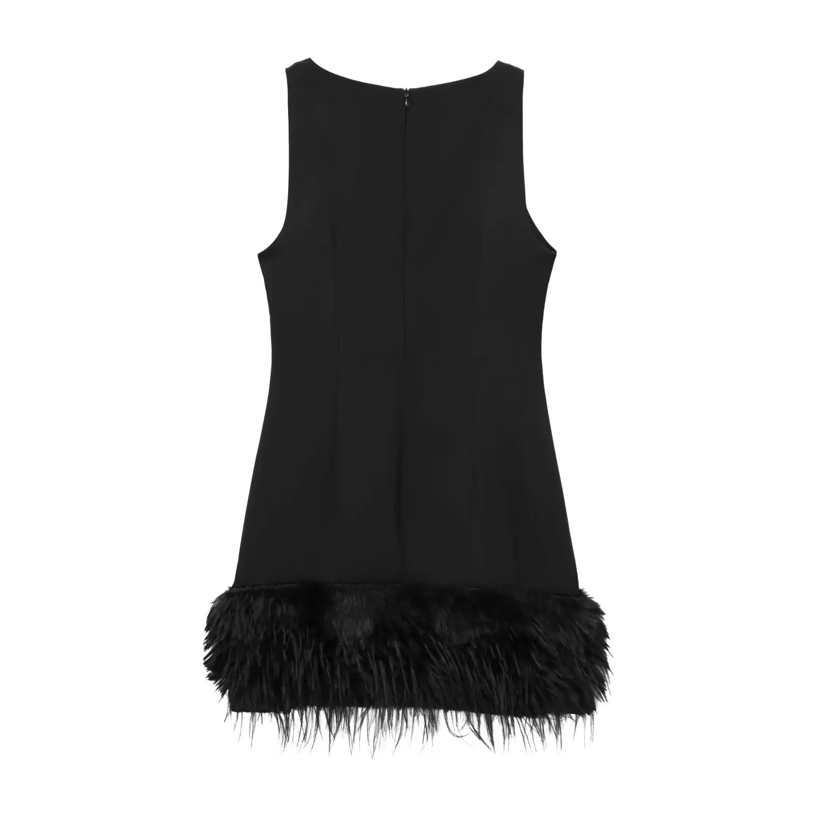 Black Sleeveless Mini Dress with Feather Details