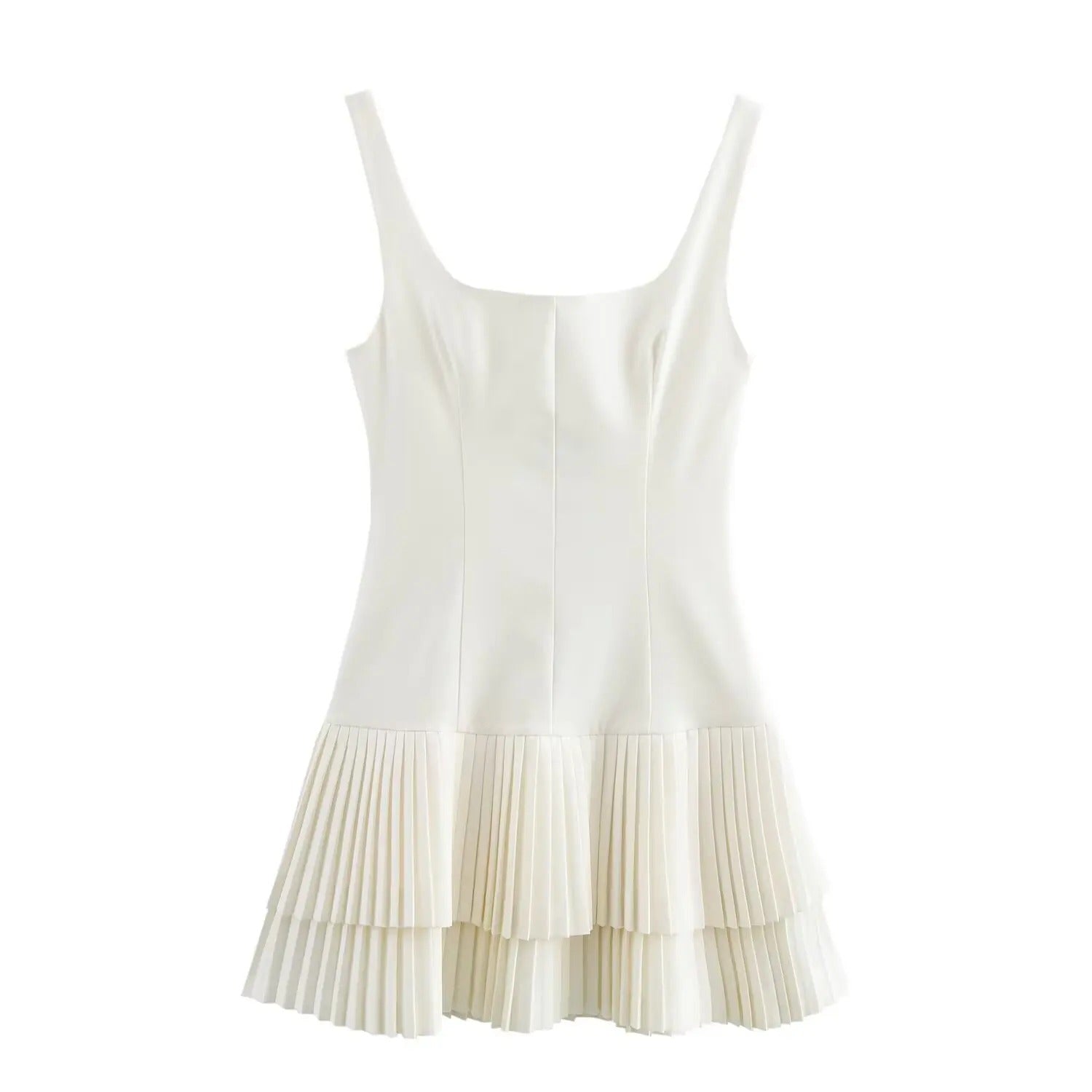 Sleeveless Mini Dress with Square Neckline and Pleated Design
