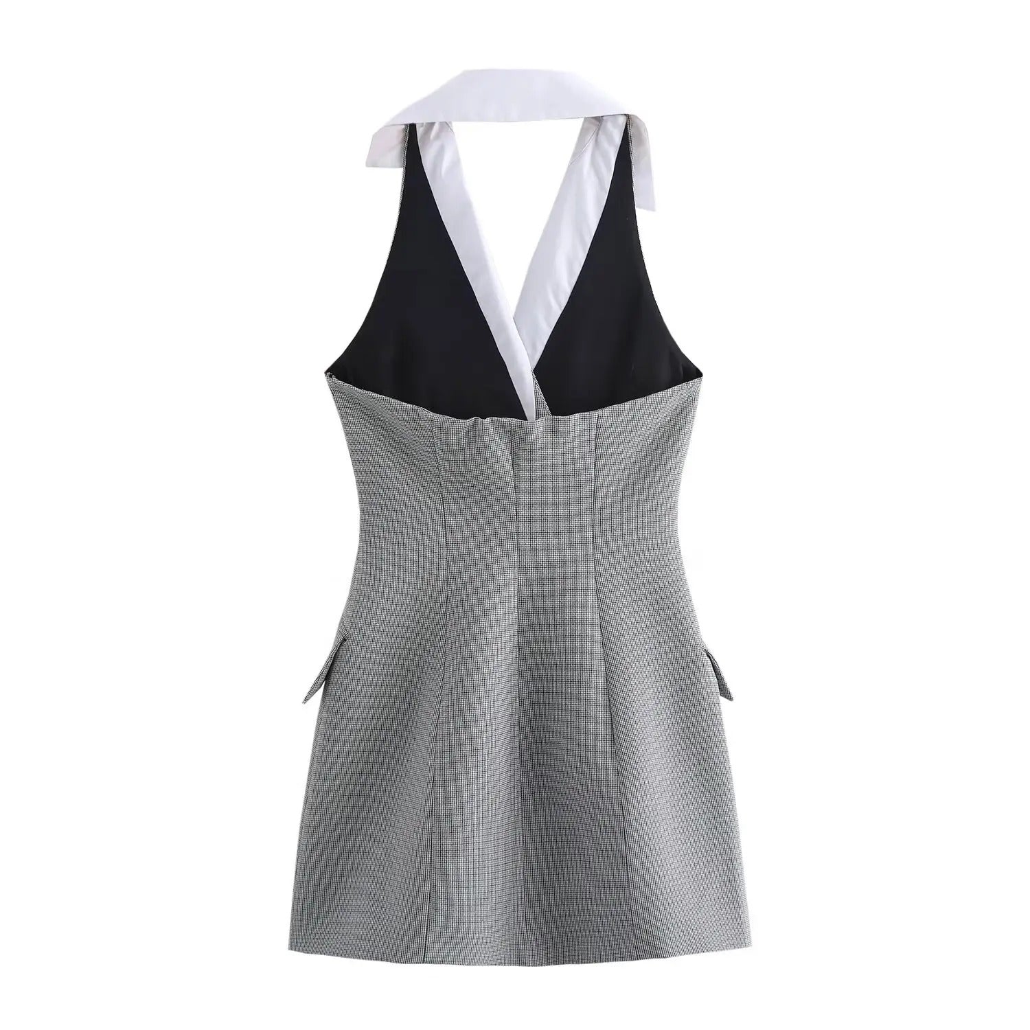 Grey Sleeveless Mini Dress with Turn-Down Collar and Double-Breasted Detail