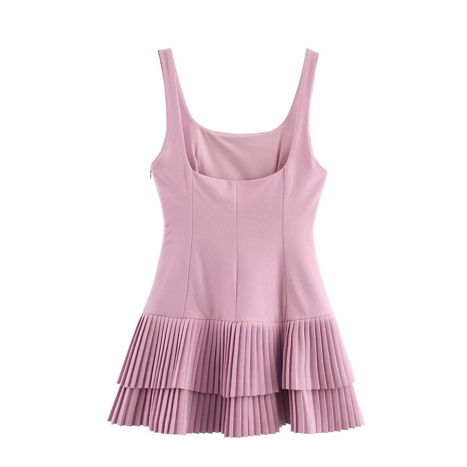 Sleeveless Mini Dress with Square Neckline and Pleated Design